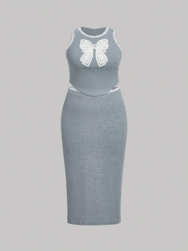 SHEIN Qutie Plus Size Women's Grey Lace & Bow Decorated Vest And Skirt Set