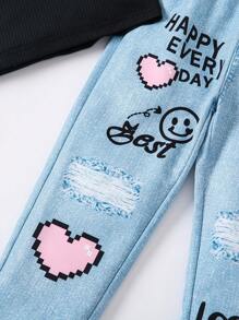 Camiseta de tirantes sólida para niña joven y pantalones gráficos con letras para ropa urbana