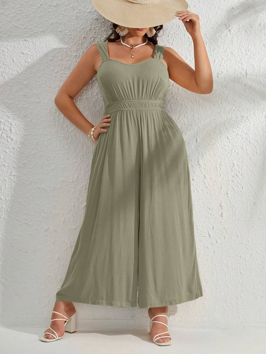 SHEIN VCAY Plus Size Cho Nữ Màu Trơn Xếp Ly Spaghetti Dây Jumpsuit Ống Rộng Cho Mùa Hè - Màu xanh Ô liu - Xem 1
