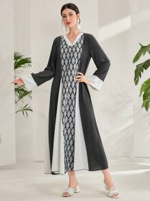 Al Najma Color Block V-Neck Loose Casual Long Sleeve Dress - Dark Grey - View 7
