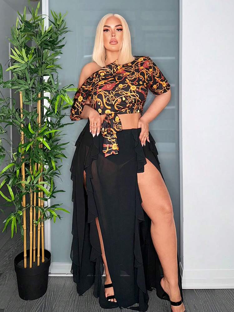 Plus Size Open Shoulder Drawstring Waist Sexy Vacation Floral Shirt With Pleats