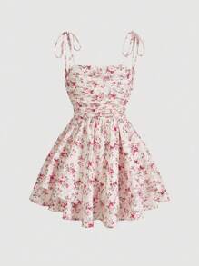 SHEIN MOD Plus Size Women's Pink Floral Print Flare Hem Spaghetti Strap Dress, Forma,Summer Dress,Sundress Short