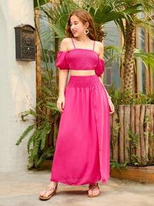 SHEIN Teen Girl Solid Color 2-Piece Set Of Cold Shoulder Shirred Top And Skirt