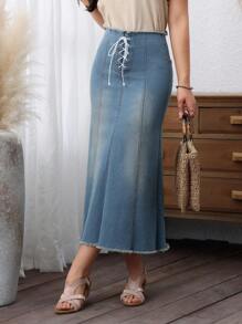 SHEIN LUNE 女士不對稱牛仔裙，下擺磨邊處理和前腰帶設計 - 藍色 - 查看 5