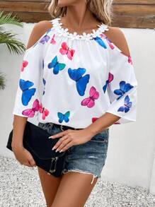 Breezaya 女士花卉拼布彩色蝴蝶休闲衬衫，百搭 - 彩色 - 查看 6