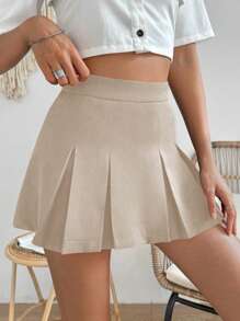 SHEIN PariChic Casual Solid Color Pleated Mini Skirt, Summer - Khaki - View 5