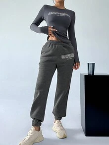 SHEIN EZwear Women Letter Print Slim Fit Fashionable Daily Outfits - Republic Casual Long Pants Suit With Top - Dark Grey - View 4