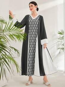 Al Najma Color Block V-Neck Loose Casual Long Sleeve Dress - Dark Grey - View 1