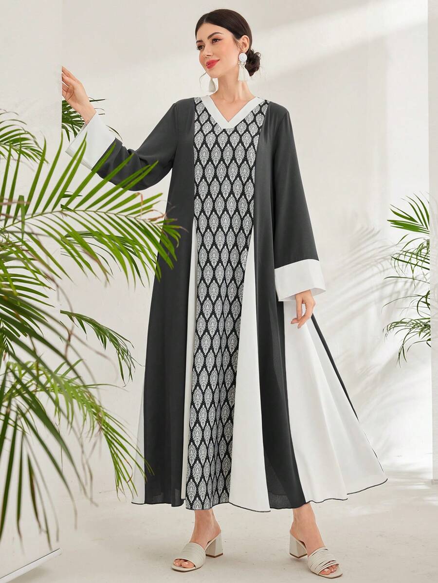 Al Najma Color Block V-Neck Loose Casual Long Sleeve Dress - Dark Grey - View 1
