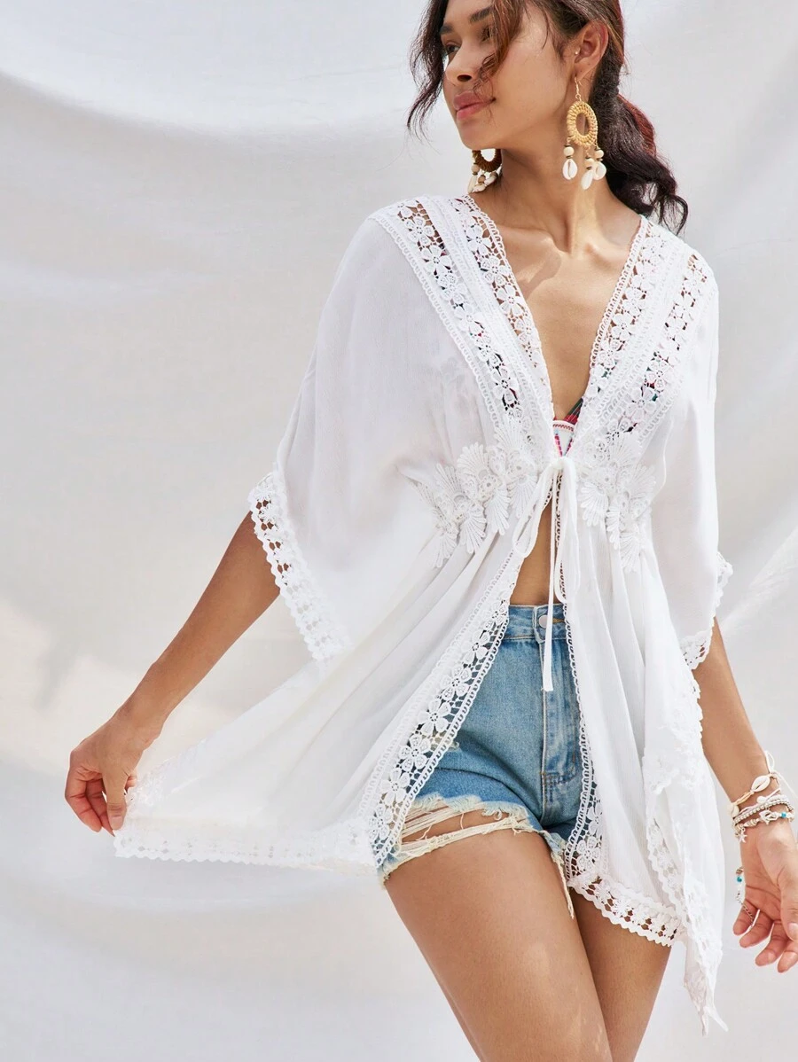 Soleia 女士度假浪漫花卉纹理拼接腰带透明宽松舒适衬衫夏季 - 白色 - 查看 1