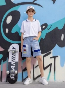 Tween Boy nieuwe collectie Distressed Patch Washed Denim Shorts, casual en modieus