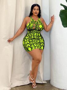 Maweii Plus Size Rắn In Khoét Hở Ren-Up Nâng Mông Váy Bodycon không tay gợi cảm - Nhiều màu - Xem 4