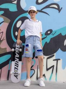 Tween Boy nieuwe collectie Distressed Patch Washed Denim Shorts, casual en modieus