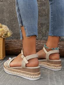 Women's Round Toe Slip-On Hook And Loop Increase Height Thick Sole Comfortable Espadrille Platform Wedge Sandals