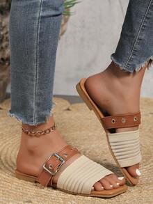 Women Buckle Design Summer Open-Toe Mesh Contrast Flat Sandals - Brown - View 4