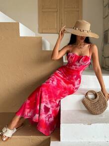 SHEIN Abito in chiffon con stampa floreale, dettagli cut out sulla schiena, design a coppa per il busto, spalline sottili