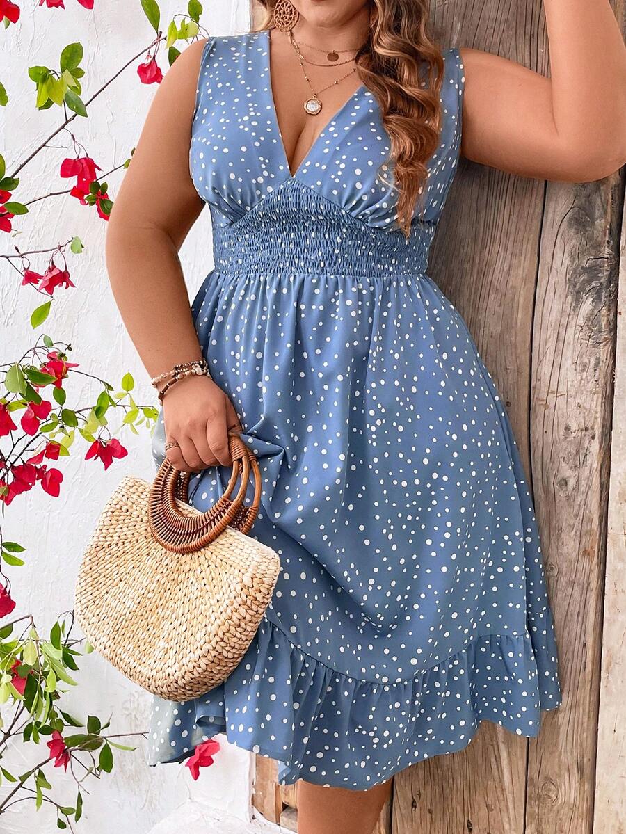SHEIN CURVE+ 大碼女性夏季波點印花V領無袖休閒連衣裙，配腰帶 - 彩色 - 查看 1