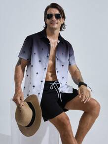Manfinity Men Coconut Tree Ombre Short Sleeve Shirt And Shorts Beach Set - Black and White - View 5