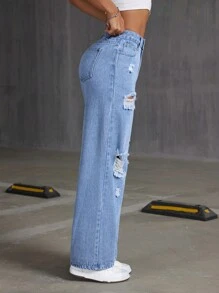 Holes Ripped Casual Water Wash Straight Jeans