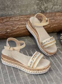 Women's Round Toe Slip-On Hook And Loop Increase Height Thick Sole Comfortable Espadrille Platform Wedge Sandals