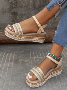 Women's Round Toe Slip-On Hook And Loop Increase Height Thick Sole Comfortable Espadrille Platform Wedge Sandals