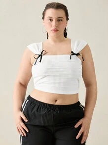 Forever 21 大尺碼蝴蝶結裝飾緊身短款夏季時尚背心 - 白色 - 查看 4
