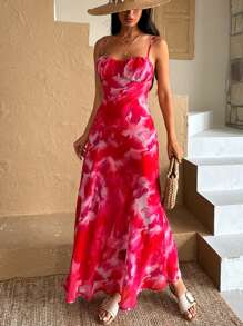 SHEIN Abito in chiffon con stampa floreale, dettagli cut out sulla schiena, design a coppa per il busto, spalline sottili