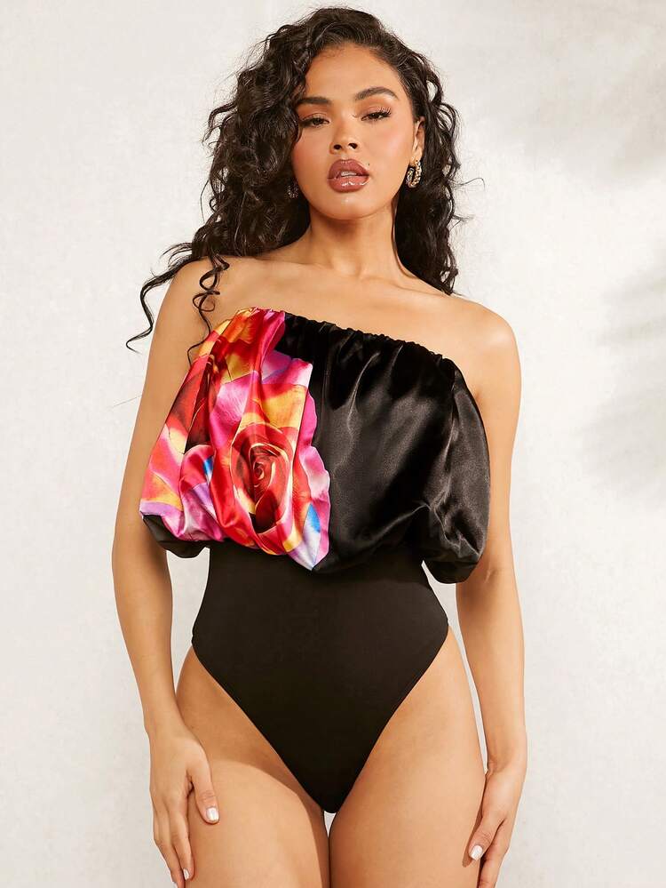 Fashion Summer Floral Print Strapless Bodysuit
