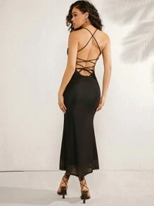 L'Amorae Vestido halter con estampado floral, con cordones, espalda descubierta y bajo de sirena