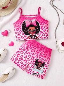 SHEIN Young Girl Cartoon Leopard Print Printed Strap Shorts Two-Piece Set Summer - Multicolor - View 1