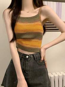 Women's Sleeveless Knit Top With Contrast Straps, Fitted Silhouette With Random Stripe Pattern