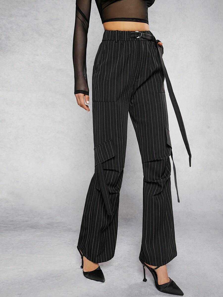 Hauture Sọc nhỏ Thắt lưng Dây đeo Quần xếp chồng lên nhau - màu đen - Xem 1