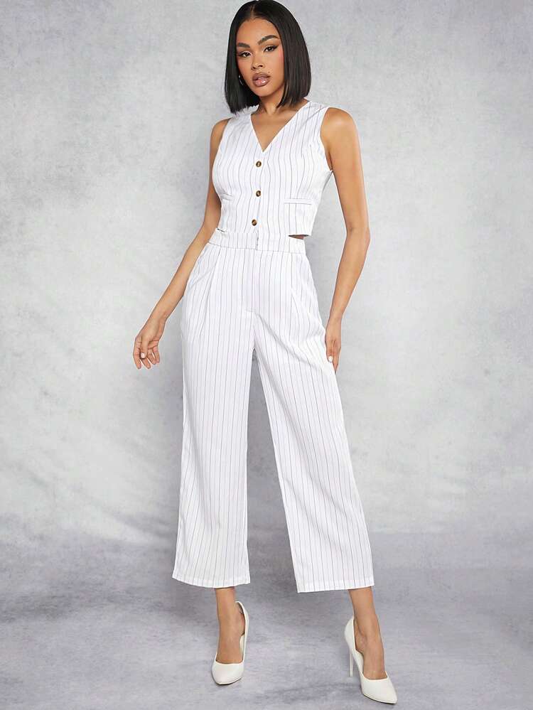 Pinstriped Button Cut Out Waist Business Jumpsuit