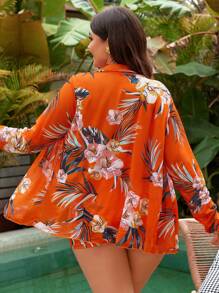 SHEIN Swim Curve Conjunto de bikini de talla grande para vacaciones de verano en la playa, piscina, con estampado de flores y plantas