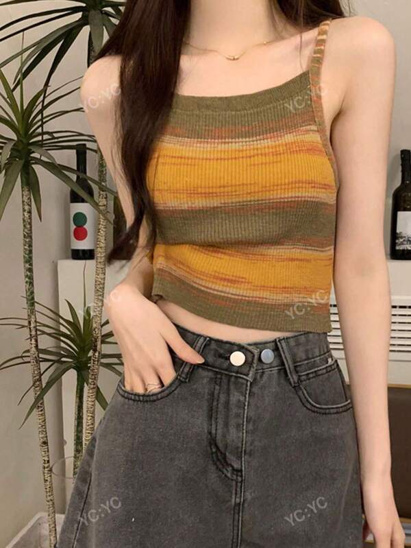 Women's Summer Casual Colorblock Spaghetti Strap Camisole Knit Top