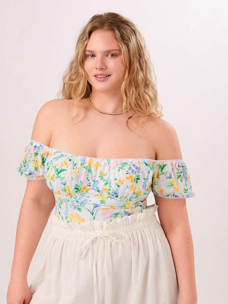 Plus Size Floral Print Off Shoulder Tight Summer Holiday Casual T-Shirt