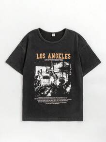 SHEIN Explorewe 青少年男孩街头风格印花水洗针织 T 恤 - 黑色 - 查看 7