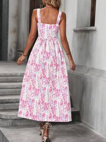 Breezaya Summer Holiday Style Full Print Single Breasted Spaghetti Strap Dress - Pink - View 2