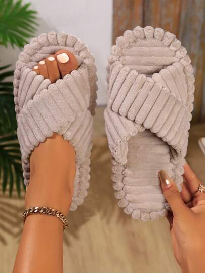 Fall/Winter Women's Criss-Cross Slippers, Comfortable Indoor Soft Plush House Slippers, Fashionable For All Seasons, Spring & Autumn,Fluffy Slippers