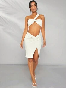 Hauture One-Shoulder Textured Top & Twist Skirt Two Pieces Set - Khaki - View 6