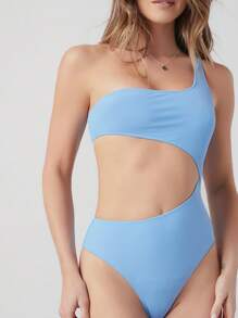 SHEIN Swim Traje de baño de una pieza con diseño simple de unicolor y hombro asimétrico, traje de baño de vacaciones de verano - Azul - Ver 3