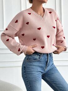 EURMUSE Heart Pattern Drop Shoulder Sweater - Pink - View 5
