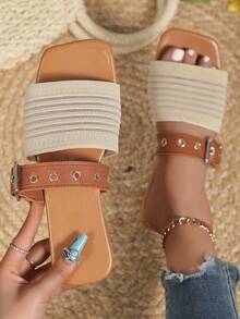 Women Buckle Design Summer Open-Toe Mesh Contrast Flat Sandals - Brown - View 2