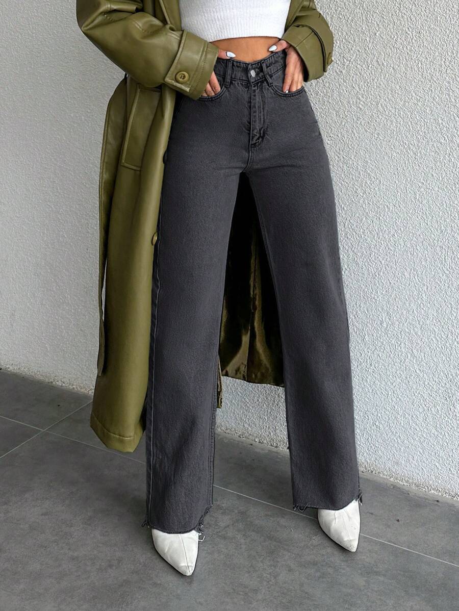 EURMUSE Ladies' Solid Color Straight Leg Jeans - Grey - View 1