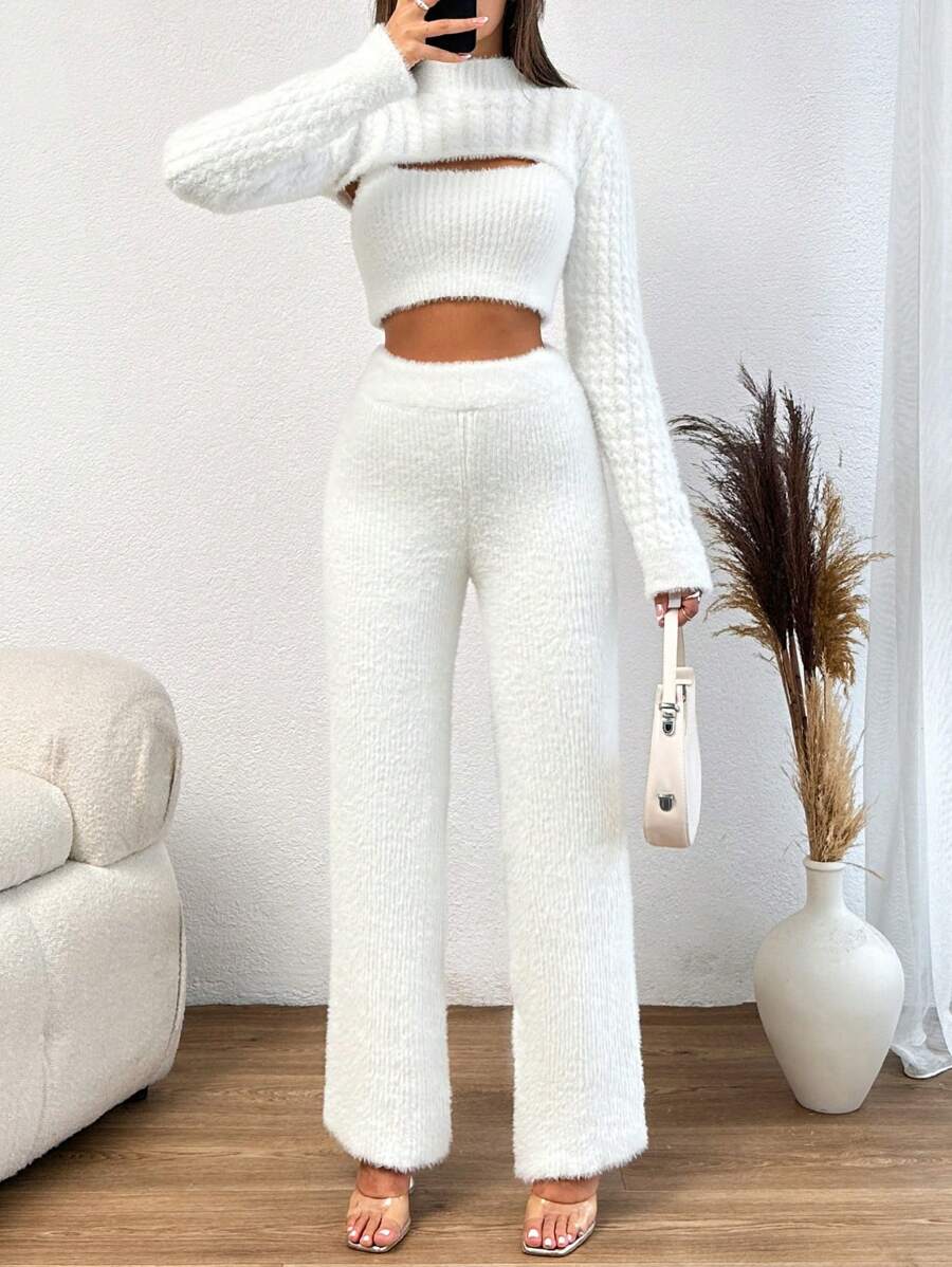 EURMUSE Solid Crop Sweater & Knit Top & Knit Pants - White - View 1