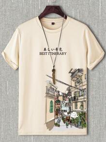 Manfinity Homme Men Summer Short Sleeve Casual T-Shirt With Letter And Building Print And Round Neck