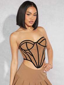 Hauture Color-Blocked Strapless Top With Contrast Edges, Fishbone Lines, Uneven Hem And Sexy Style - Multicolor - View 5