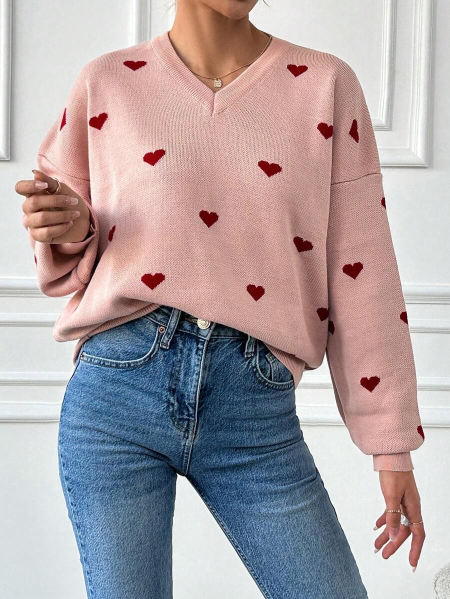 EURMUSE Heart Pattern Drop Shoulder Sweater - Pink - View 1