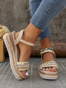 Women's Round Toe Slip-On Hook And Loop Increase Height Thick Sole Comfortable Espadrille Platform Wedge Sandals