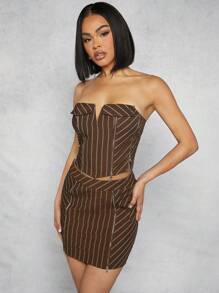 Hauture Striped Zipper Notch Top & Skirt Two Pieces Set - Brown - View 6